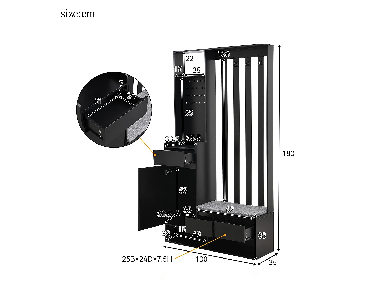 Meuble d’entrée multifonction avec banc rembourré, panneau perforé, rangement chaussures et 4 crochets – H180xL100xP35 cm, robuste et pratique