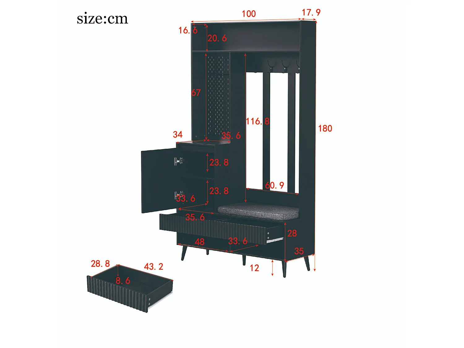 Garderoben-set mural complet avec banc, 4 crochets, tiroirs, armoire et protection humidité 100x35x180 cm