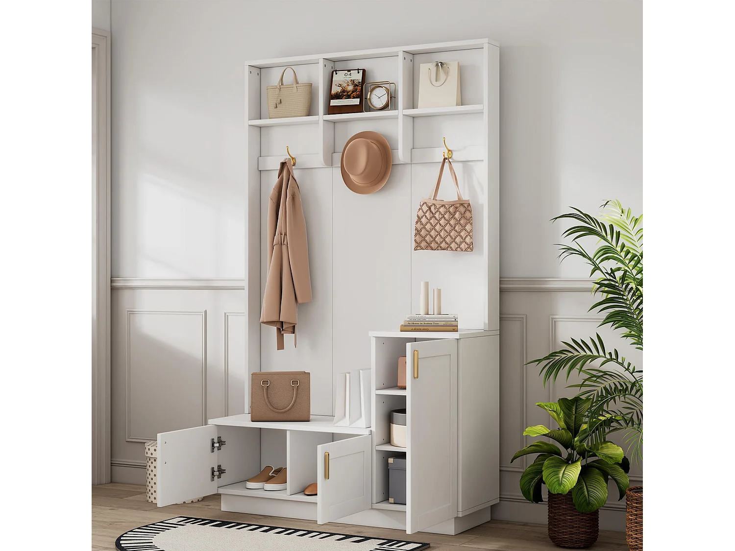 Garderoben-Set avec Banc et Rangement Multifonctionnel, 3 Crochets Suspendus, Etagères Ouvertes, Bois Blanc 200x120x40 cm