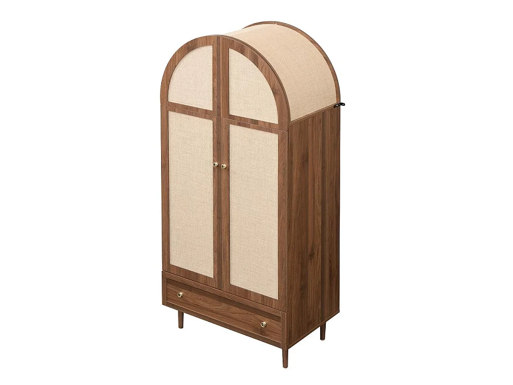 Elegante houten kledingkast met stoffen deuren en lade - walnootstijl, stabiele poten, grote opbergruimte voor slaapkamer, kleedkamer of woonkamer