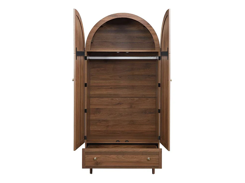 Elegante houten kledingkast met stoffen deuren en lade - walnootstijl, stabiele poten, grote opbergruimte voor slaapkamer, kleedkamer of woonkamer