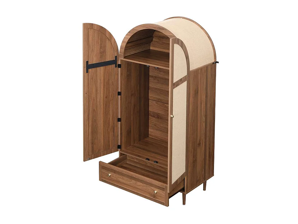Elegante houten kledingkast met stoffen deuren en lade - walnootstijl, stabiele poten, grote opbergruimte voor slaapkamer, kleedkamer of woonkamer