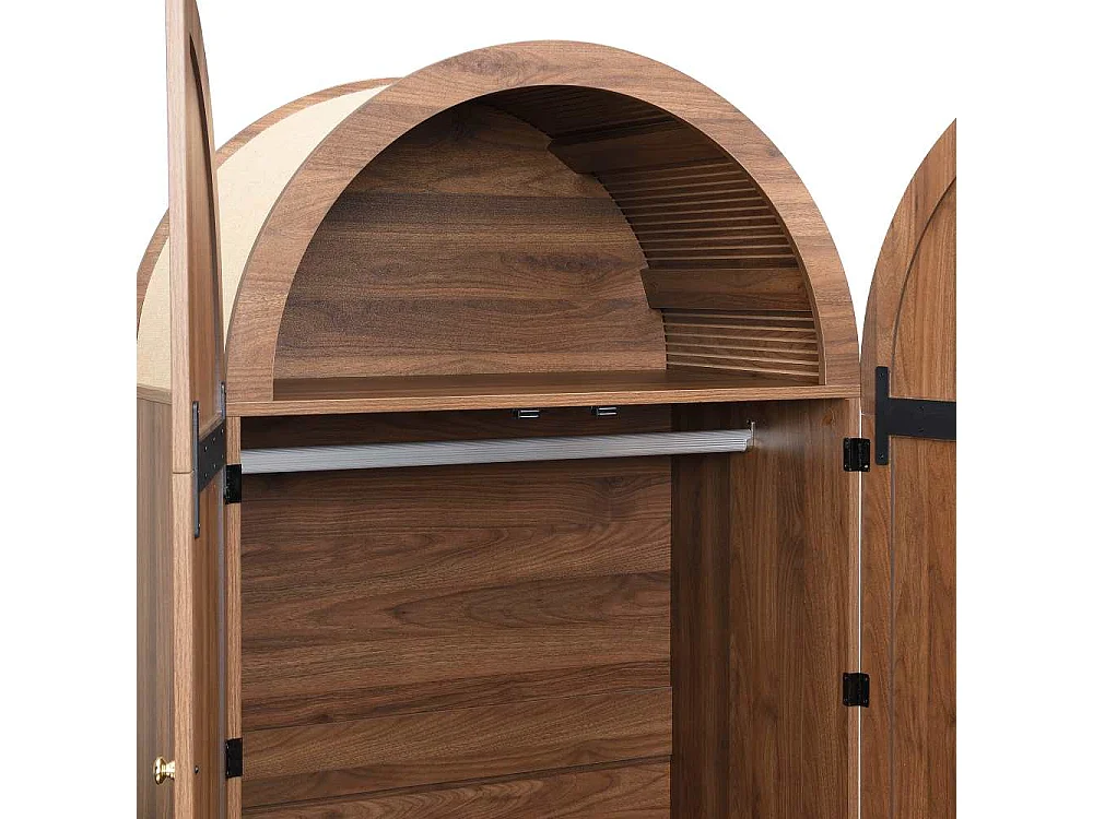 Elegante houten kledingkast met stoffen deuren en lade - walnootstijl, stabiele poten, grote opbergruimte voor slaapkamer, kleedkamer of woonkamer