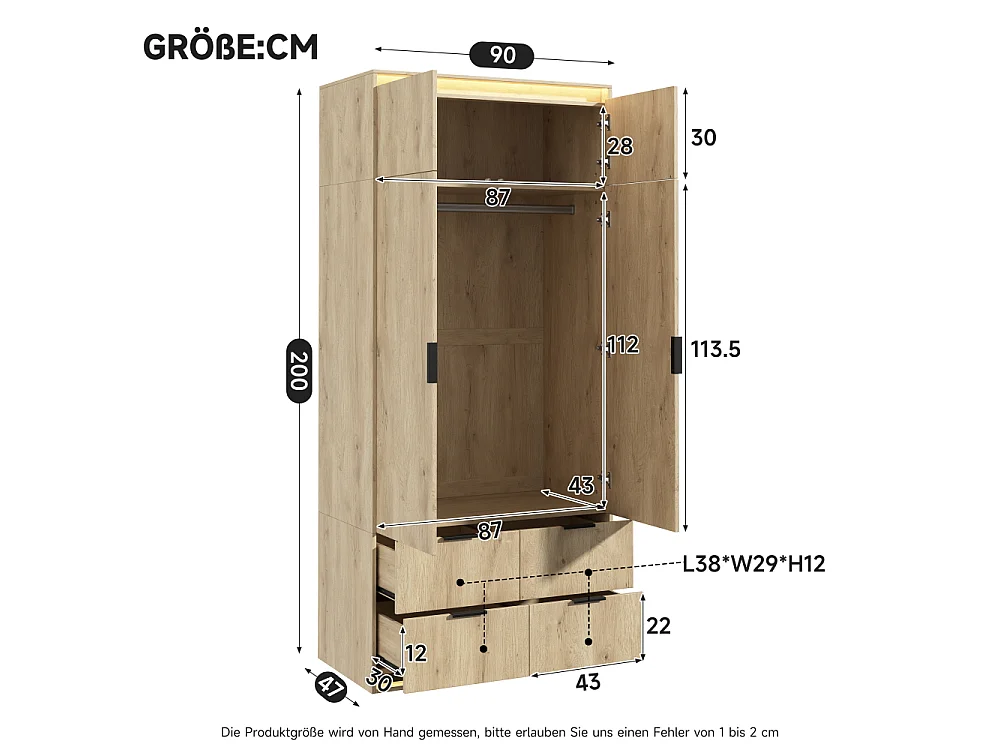 Armadio 2 ante 90×47×200 cm con specchio e LED, 4 cassetti e appendiabiti, grigio rovere