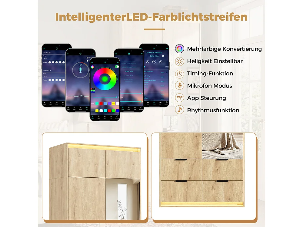 Armadio 2 ante 90×47×200 cm con specchio e LED, 4 cassetti e appendiabiti, grigio rovere