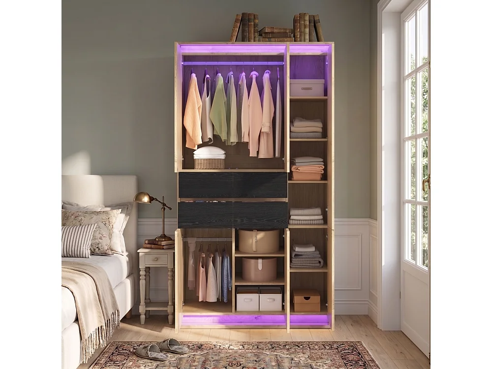 LED-kledingkast met spiegel 90x47x200 cm, 2 kledingroedes, 4 laden, 9 vakken, moderne kleedkamer antraciet eiken