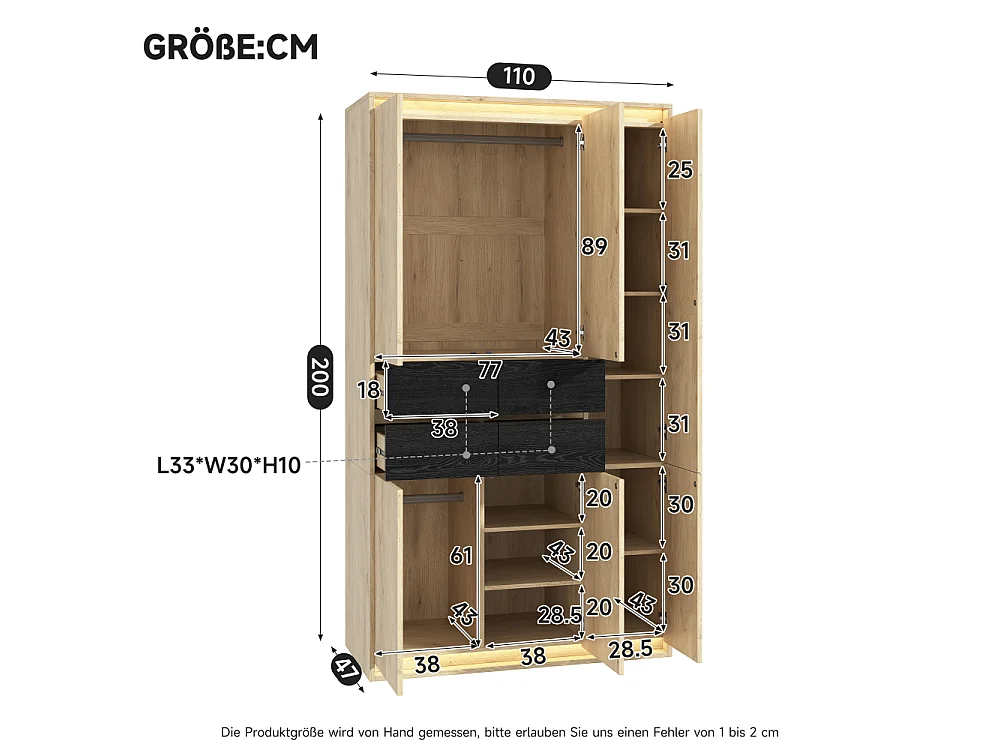 LED-kledingkast met spiegel 90x47x200 cm, 2 kledingroedes, 4 laden, 9 vakken, moderne kleedkamer antraciet eiken