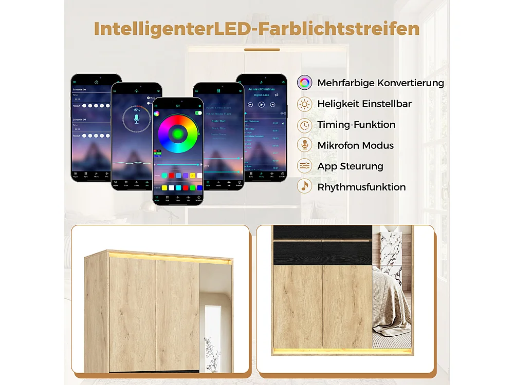 LED-kledingkast met spiegel 90x47x200 cm, 2 kledingroedes, 4 laden, 9 vakken, moderne kleedkamer antraciet eiken