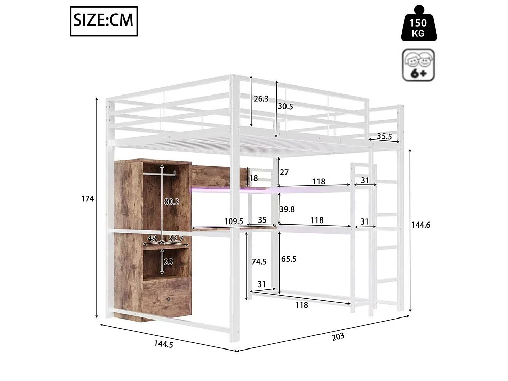 Lit mezzanine 140x200cm avec LED, bureau, tiroirs et échelle – Lit sécurisé en métal pour enfants