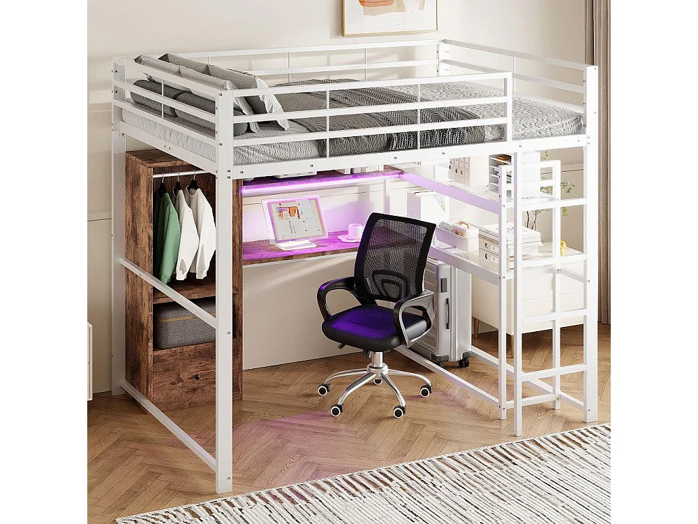 Lit mezzanine 140x200cm avec LED, bureau, tiroirs et échelle – Lit sécurisé en métal pour enfants