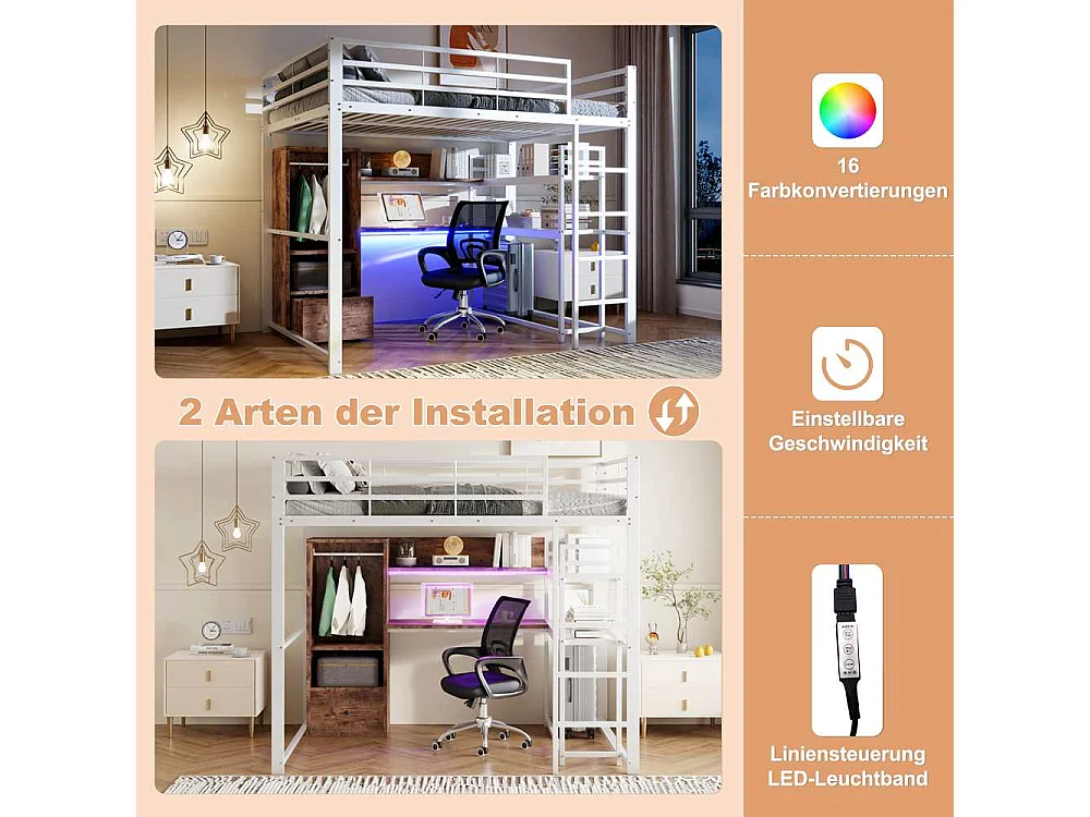 Lit mezzanine 140x200cm avec LED, bureau, tiroirs et échelle – Lit sécurisé en métal pour enfants