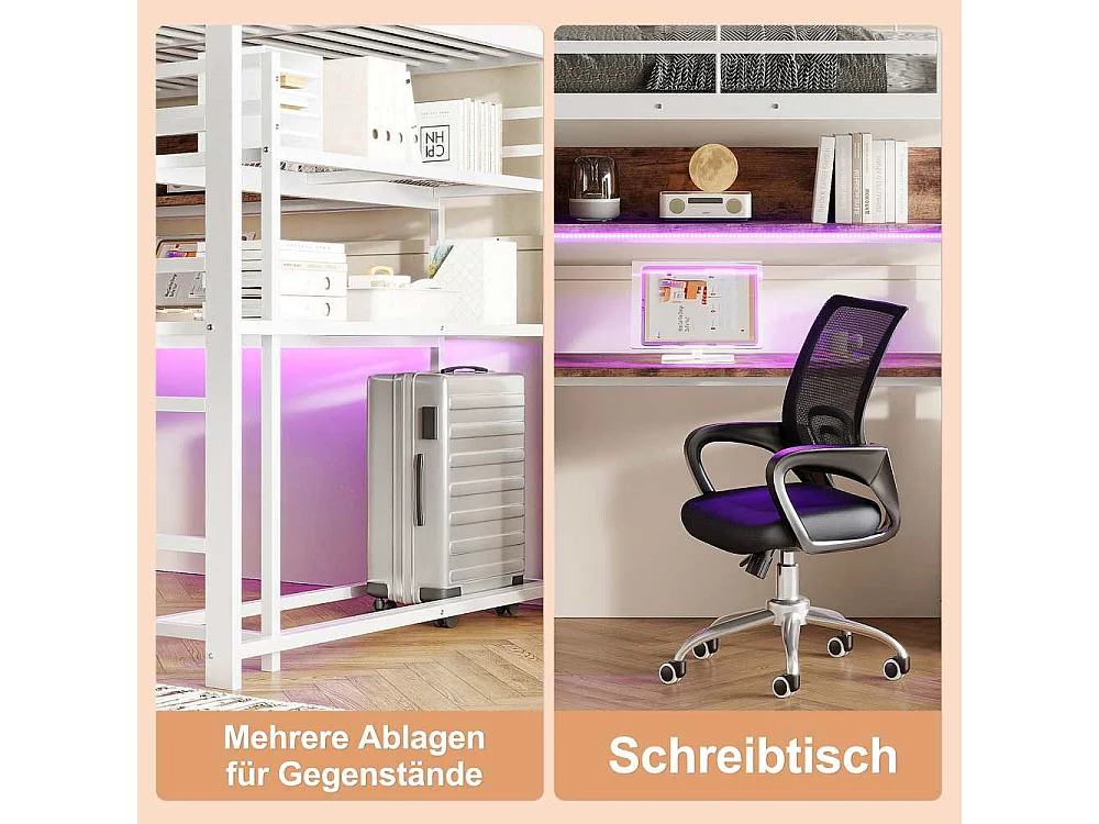 Lit mezzanine 140x200cm avec LED, bureau, tiroirs et échelle – Lit sécurisé en métal pour enfants
