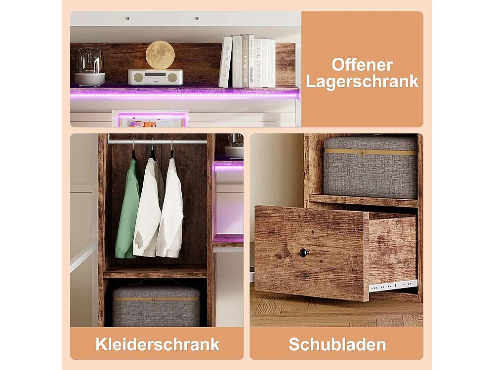 Lit mezzanine 140x200cm avec LED, bureau, tiroirs et échelle – Lit sécurisé en métal pour enfants