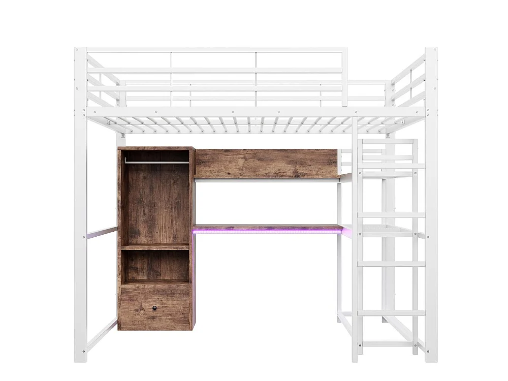 Lit mezzanine 140x200cm avec LED, bureau, tiroirs et échelle – Lit sécurisé en métal pour enfants