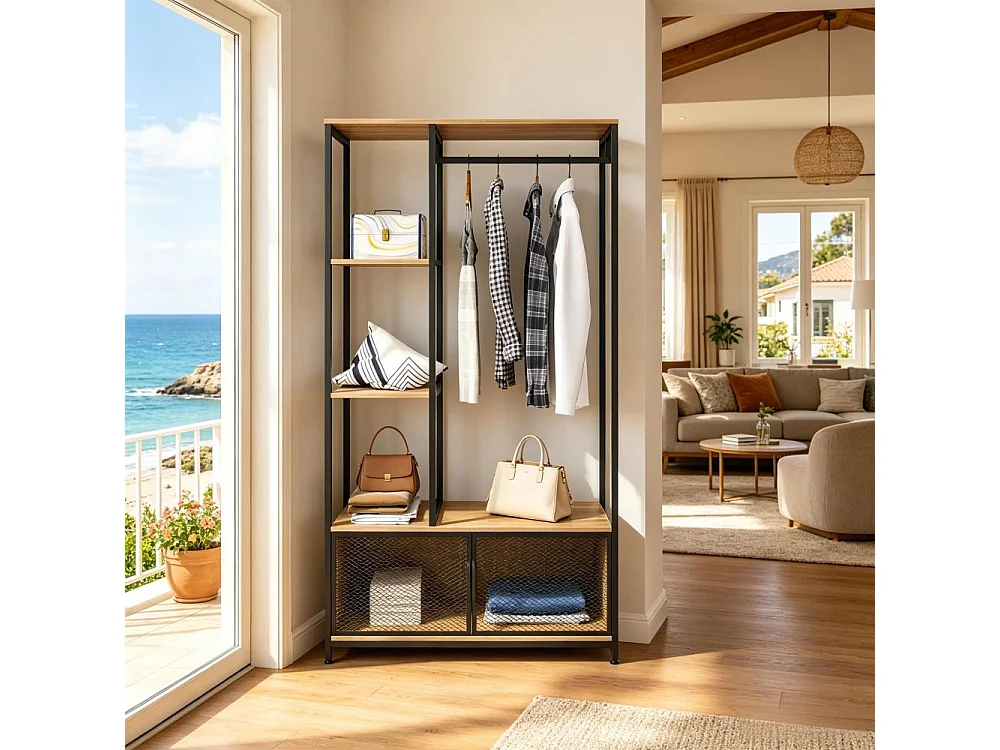 Industrielle offene Garderobe mit Lagerregalen, Metallgarderobe und MDF-E1-Multifunktion