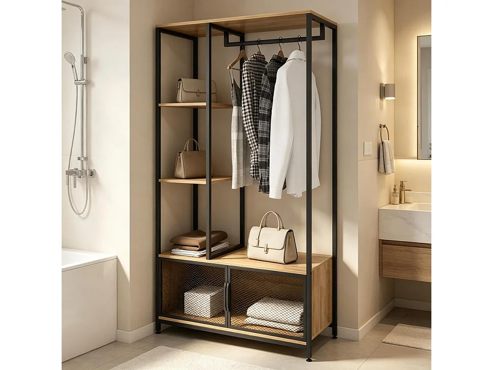 Industrielle offene Garderobe mit Lagerregalen, Metallgarderobe und MDF-E1-Multifunktion