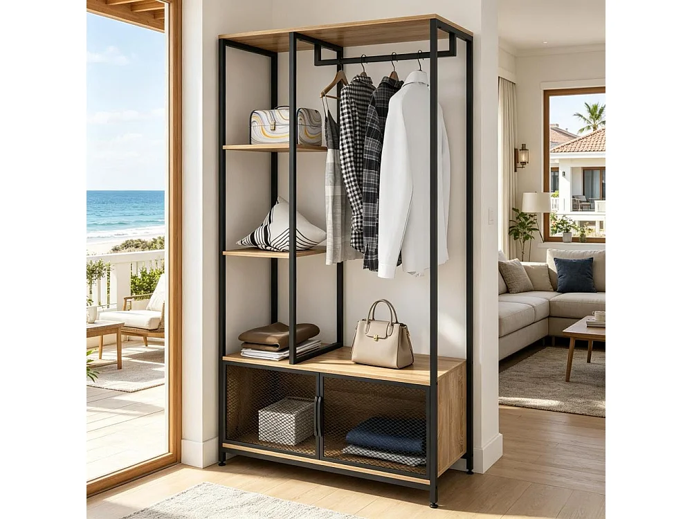 Industrielle offene Garderobe mit Lagerregalen, Metallgarderobe und MDF-E1-Multifunktion