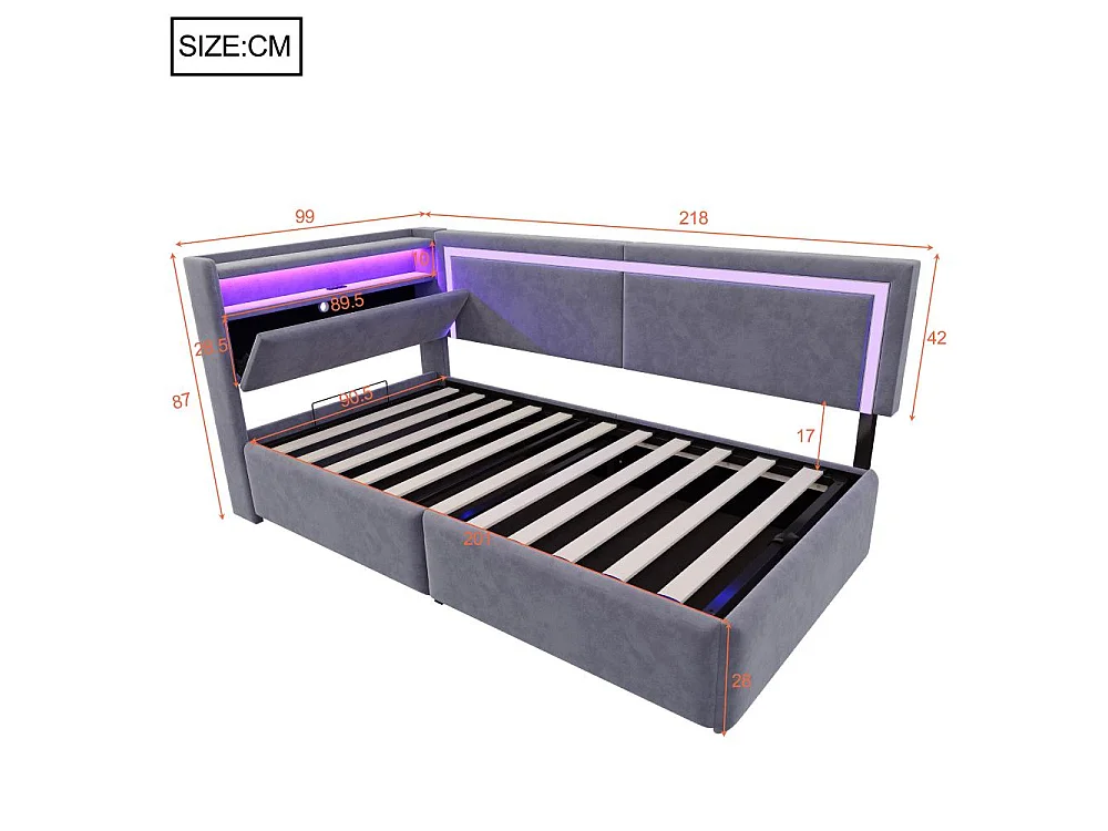 Divano-letto 90x200 cm con LED, USB e contenitore idraulico – divano multifunzionale confortevole e pratico