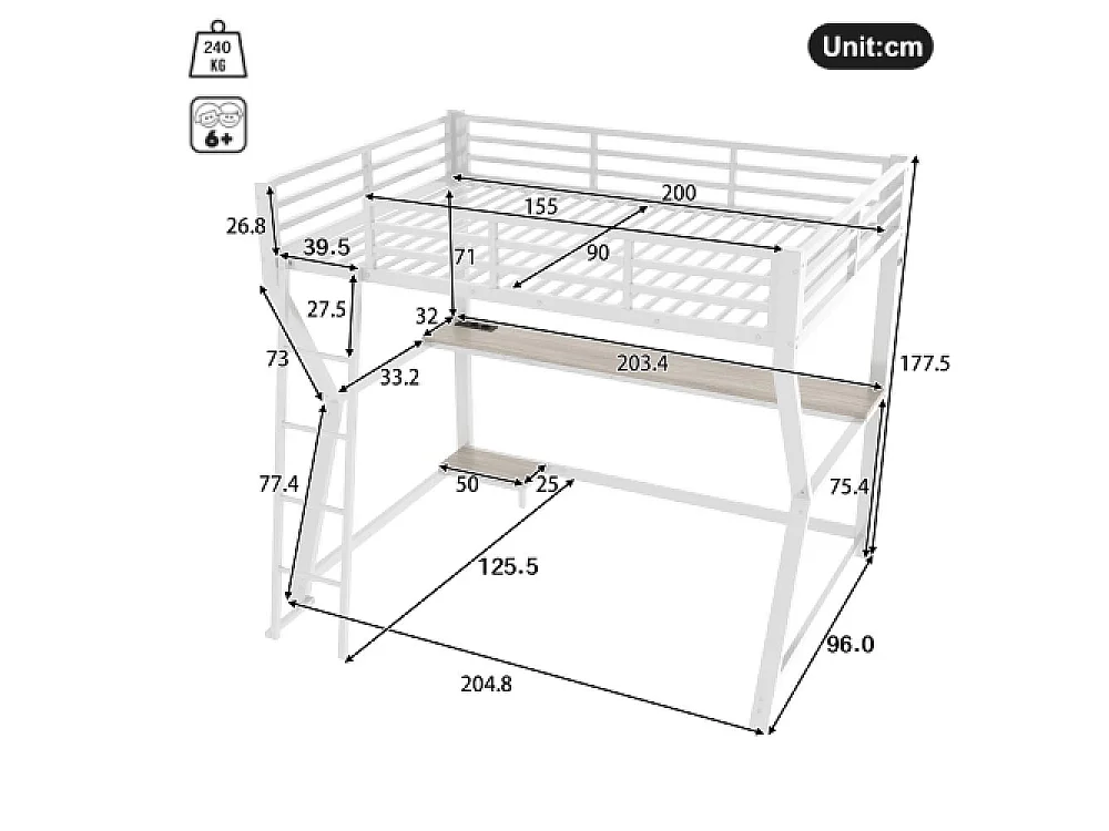 Lit mezzanine 90x200cm avec LED, Bureau multifonction, Ports USB et Prises, Étagère ordinateur, Escalier sécurisé