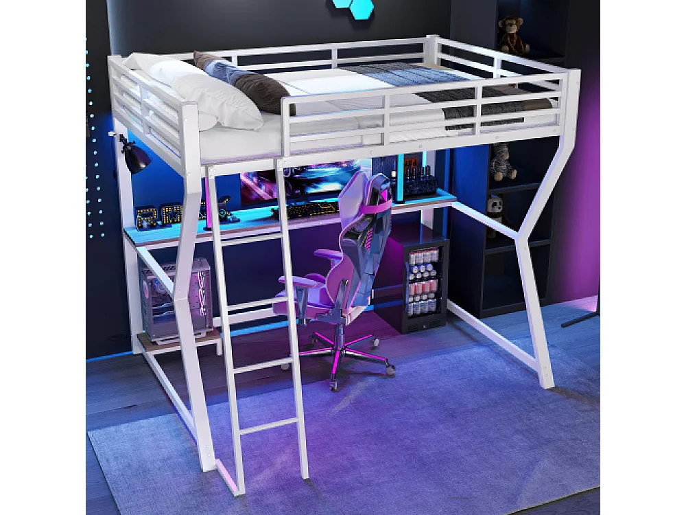 Lit mezzanine 90x200cm avec LED, Bureau multifonction, Ports USB et Prises, Étagère ordinateur, Escalier sécurisé