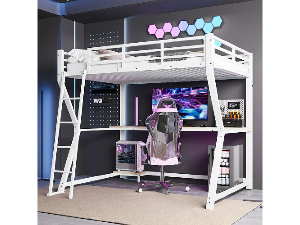 Lit mezzanine 90x200cm avec LED, Bureau multifonction, Ports USB et Prises, Étagère ordinateur, Escalier sécurisé