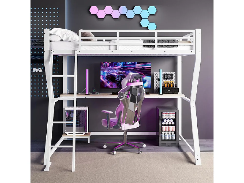 Lit mezzanine 90x200cm avec LED, Bureau multifonction, Ports USB et Prises, Étagère ordinateur, Escalier sécurisé