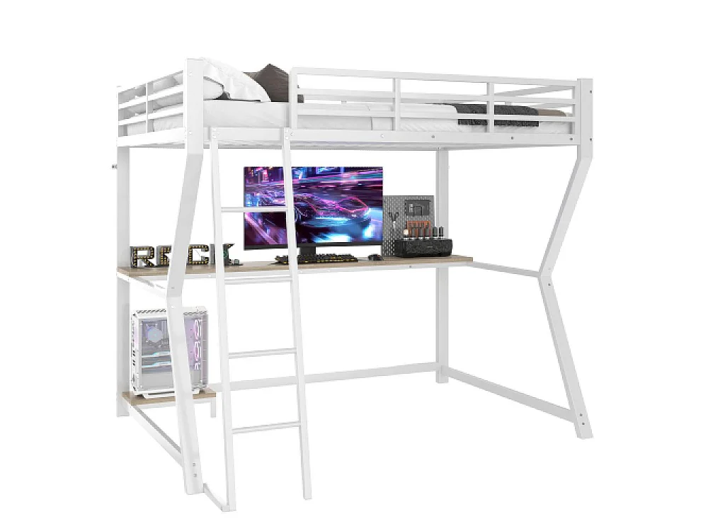Lit mezzanine 90x200cm avec LED, Bureau multifonction, Ports USB et Prises, Étagère ordinateur, Escalier sécurisé