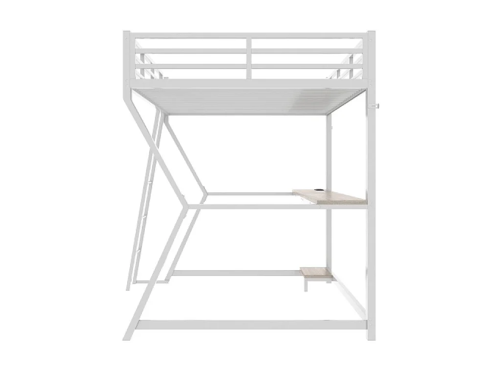Lit mezzanine 90x200cm avec LED, Bureau multifonction, Ports USB et Prises, Étagère ordinateur, Escalier sécurisé