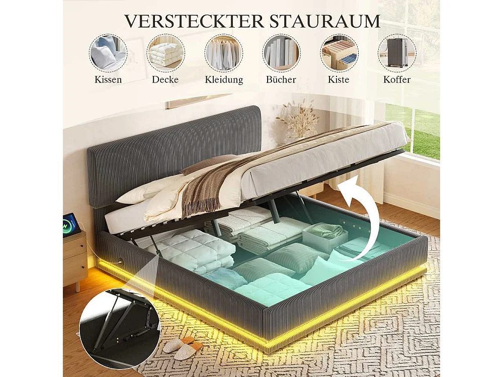 160*200 cm Lit Polster Moderne avec LED, USB-C, Cord-Satin, Rangement Spacieux et Tête Réglable