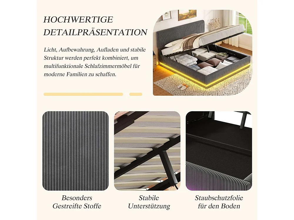 160*200 cm Lit Polster Moderne avec LED, USB-C, Cord-Satin, Rangement Spacieux et Tête Réglable