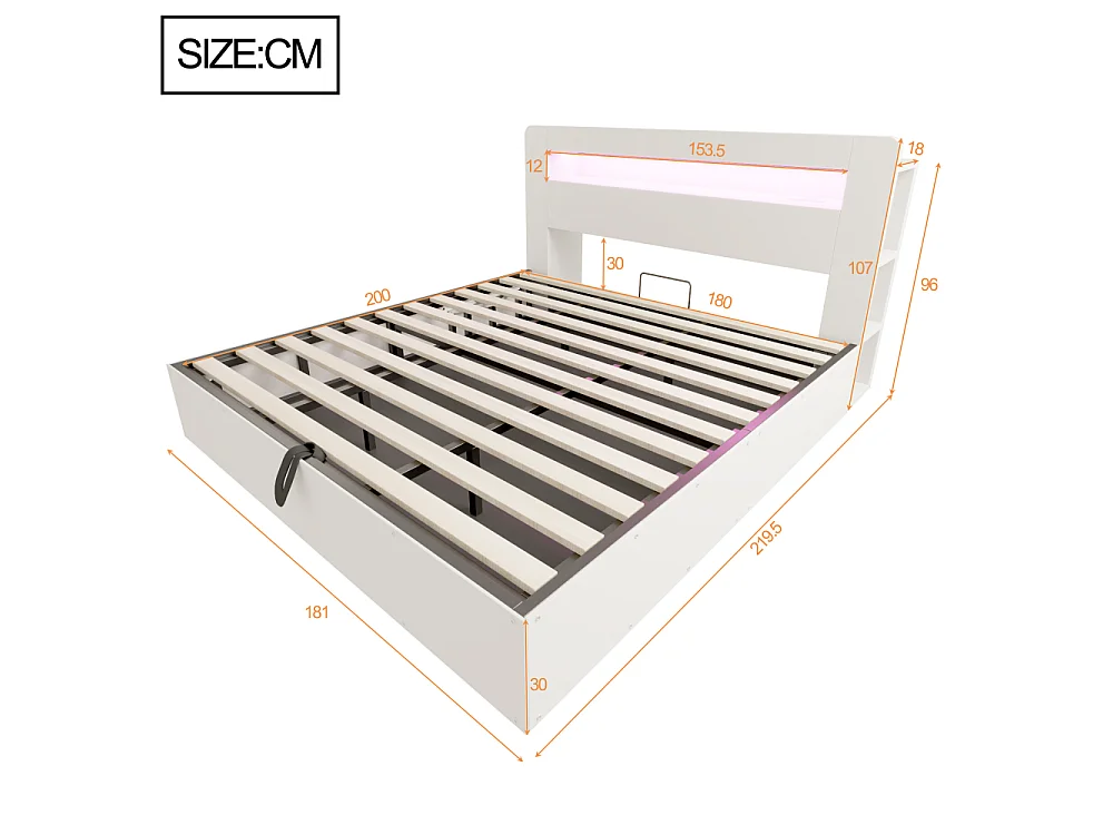 180*200 cm Lit coffre en bois avec rangement hydraulique, tête de lit LED, prises intégrées et plateforme vintage moderne