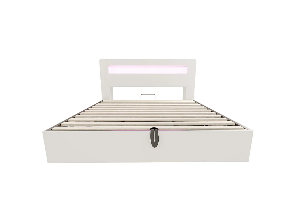 180*200 cm Lit coffre en bois avec rangement hydraulique, tête de lit LED, prises intégrées et plateforme vintage moderne