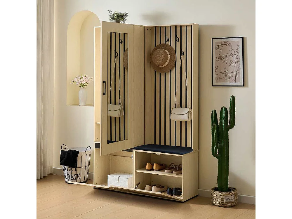 Moderner Garderobenschrank mit Spiegel und Bank – Funktionelles Eingangsset mit Teleskopstange, Regalen und Schuhregal
