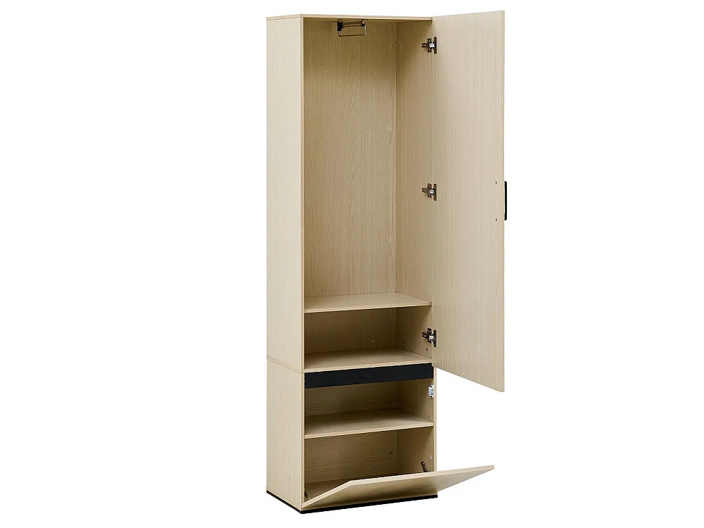 Moderner Garderobenschrank mit Spiegel und Bank – Funktionelles Eingangsset mit Teleskopstange, Regalen und Schuhregal