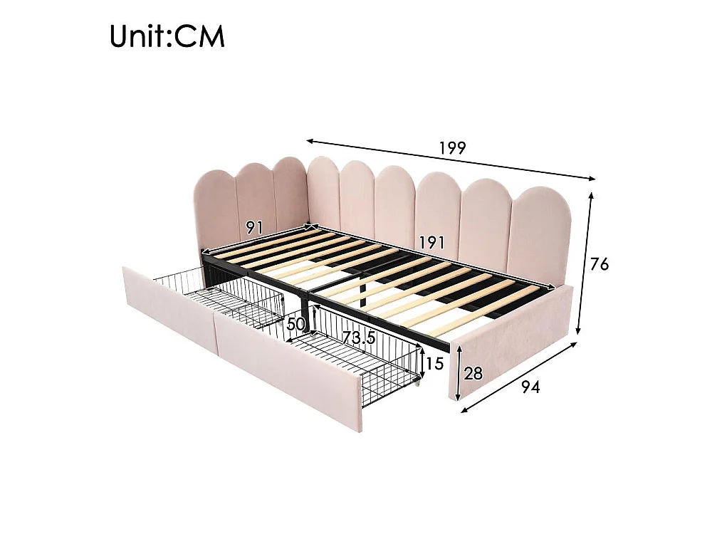 Letto imbottito 90x190 cm con cassetti, divano letto giorno in velluto con rete inclusa, senza materasso