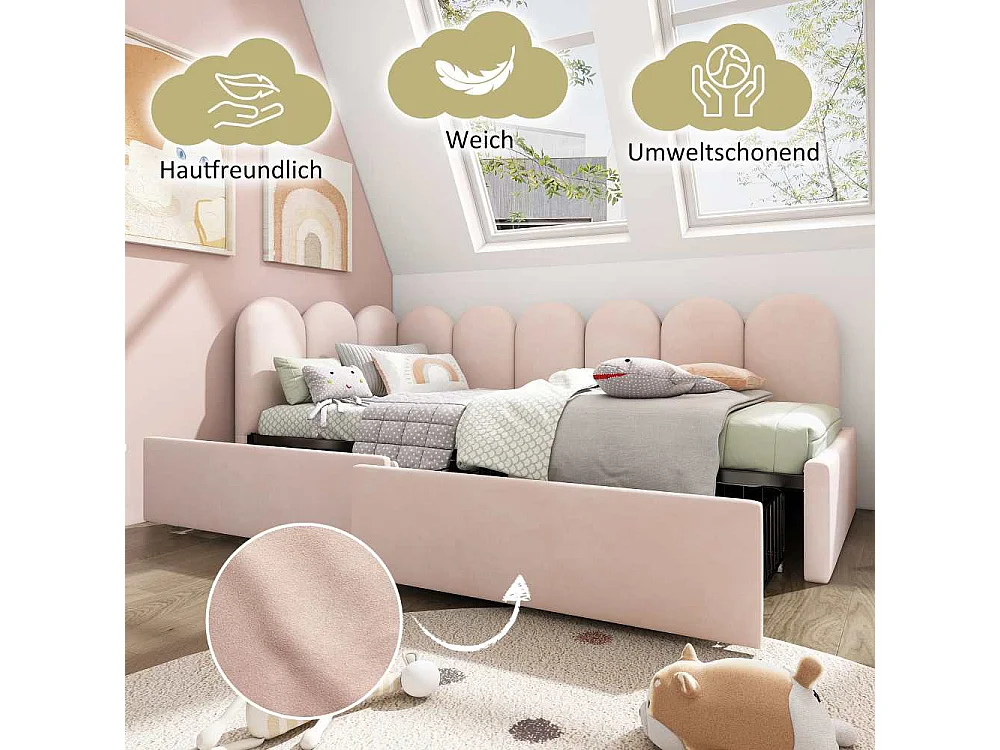 Letto imbottito 90x190 cm con cassetti, divano letto giorno in velluto con rete inclusa, senza materasso