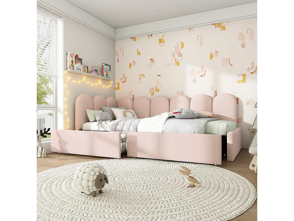 Letto imbottito 90x190 cm con cassetti, divano letto giorno in velluto con rete inclusa, senza materasso