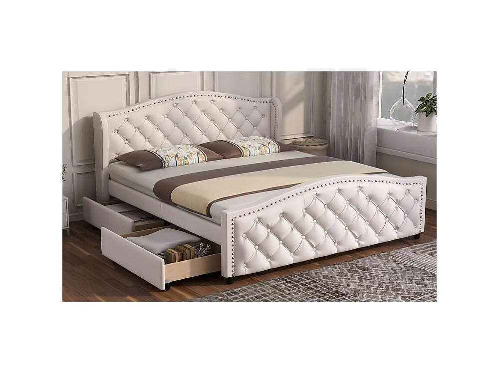 Cama tapizada 160x200 cm con cabecera con botones, 2 cajones y somier – Madera y polipiel blanca estilo Chesterfield