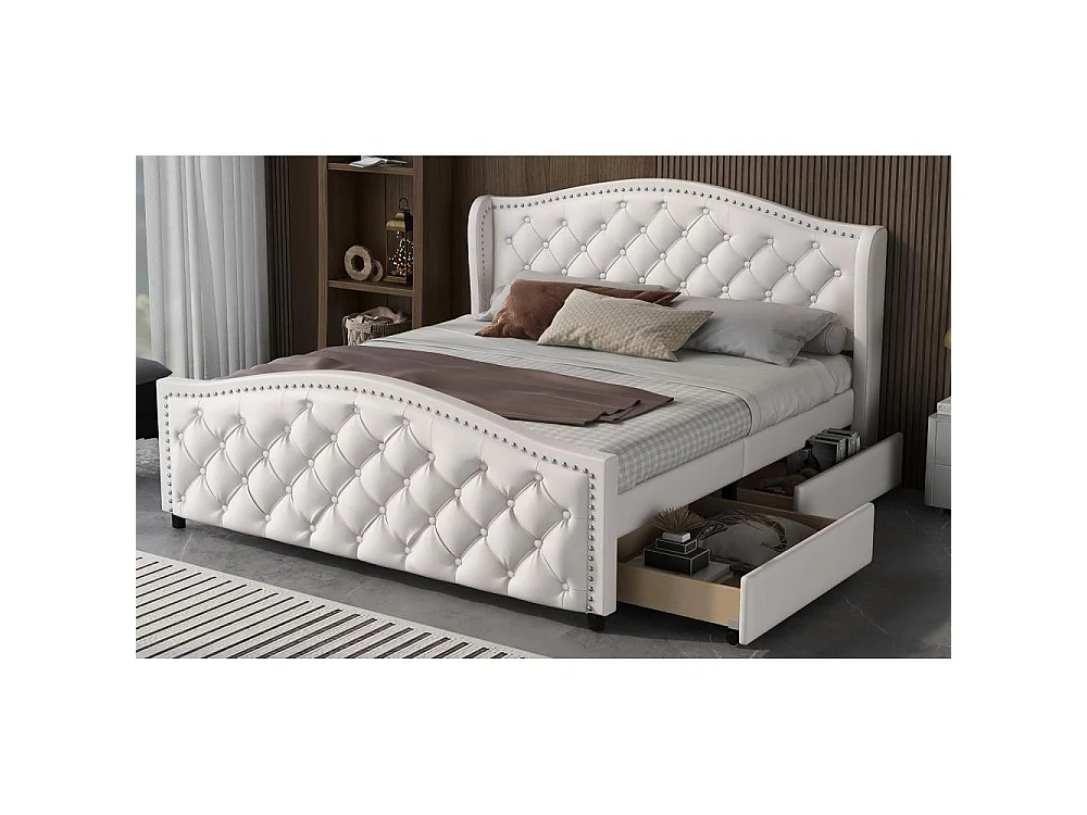 Cama tapizada 160x200 cm con cabecera con botones, 2 cajones y somier – Madera y polipiel blanca estilo Chesterfield
