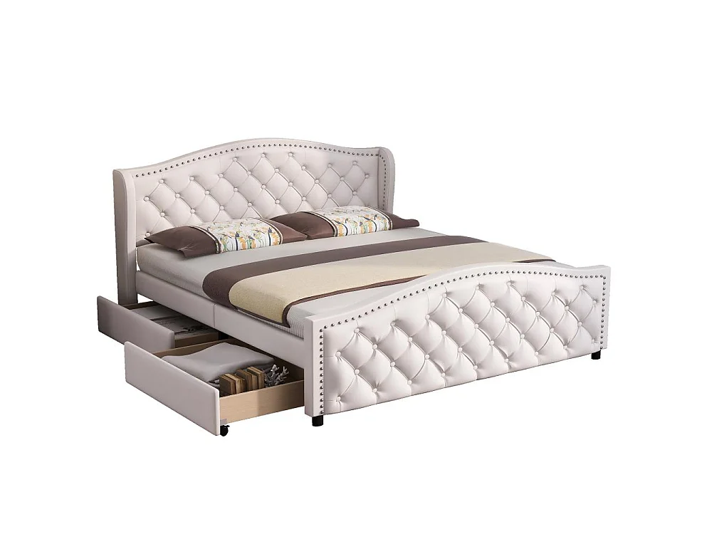Cama tapizada 160x200 cm con cabecera con botones, 2 cajones y somier – Madera y polipiel blanca estilo Chesterfield