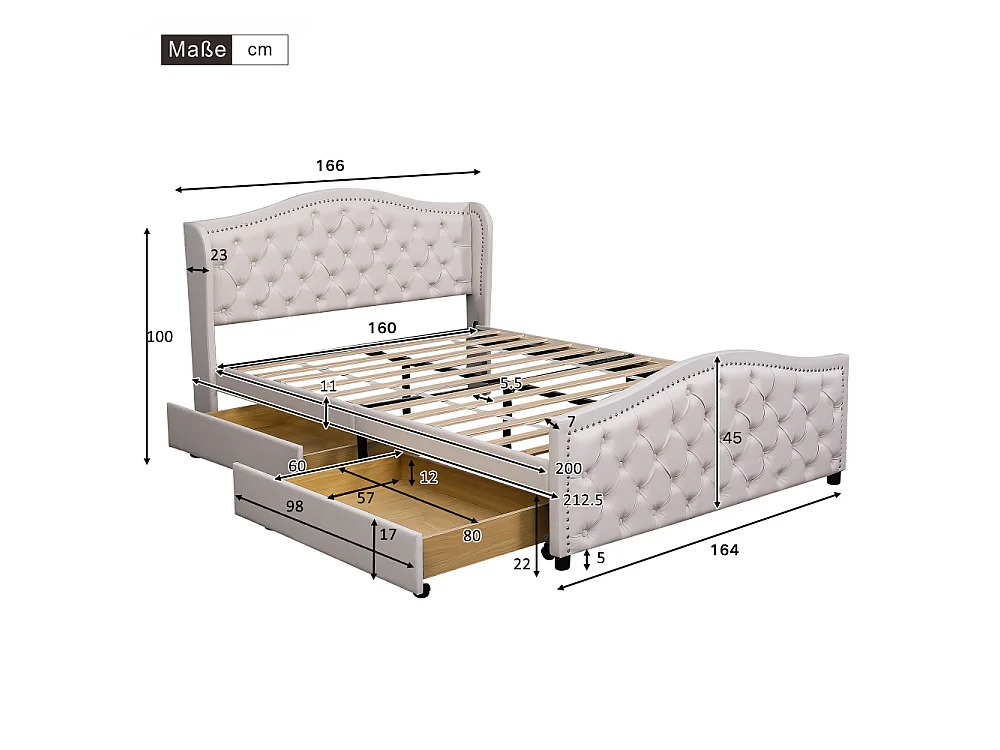 Cama tapizada 160x200 cm con cabecera con botones, 2 cajones y somier – Madera y polipiel blanca estilo Chesterfield