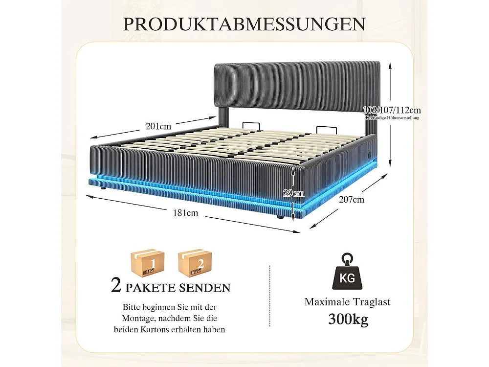 180*200 cm Lit Polster Moderne avec LED, USB-C, Cord-Satin, Rangement Spacieux et Tête Réglable