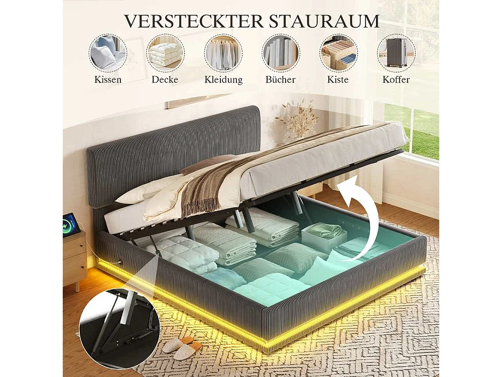 180*200 cm Lit Polster Moderne avec LED, USB-C, Cord-Satin, Rangement Spacieux et Tête Réglable