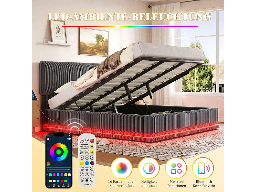 180*200 cm Lit Polster Moderne avec LED, USB-C, Cord-Satin, Rangement Spacieux et Tête Réglable
