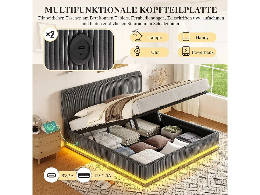 180*200 cm Lit Polster Moderne avec LED, USB-C, Cord-Satin, Rangement Spacieux et Tête Réglable