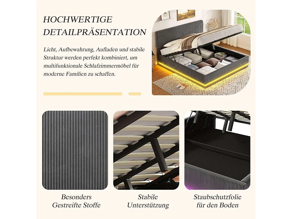 180*200 cm Lit Polster Moderne avec LED, USB-C, Cord-Satin, Rangement Spacieux et Tête Réglable