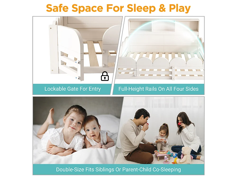 140x200 cm Lit bas pour enfant, blanc, en bois, avec barrière de sécurité, porte et étagère, lit Montessori, lit d'enfant sécurisé, sans matelas