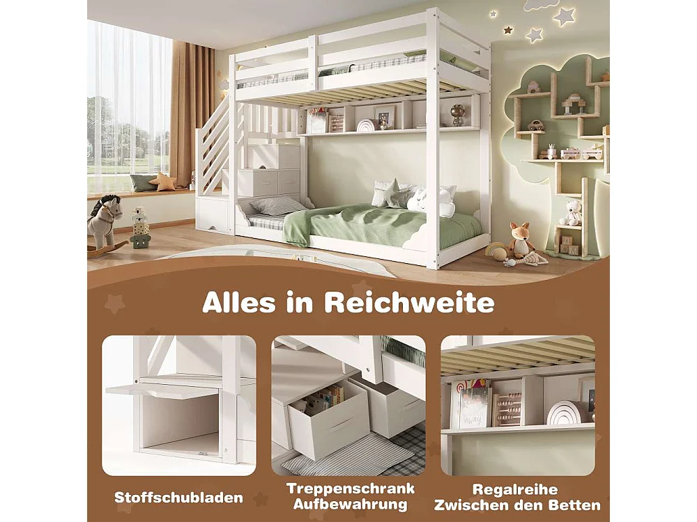 Lit superposé enfants 90x200 cm avec armoire escalier et rangements, lit bois gain de place pour frères et sœurs, sécurité optimale