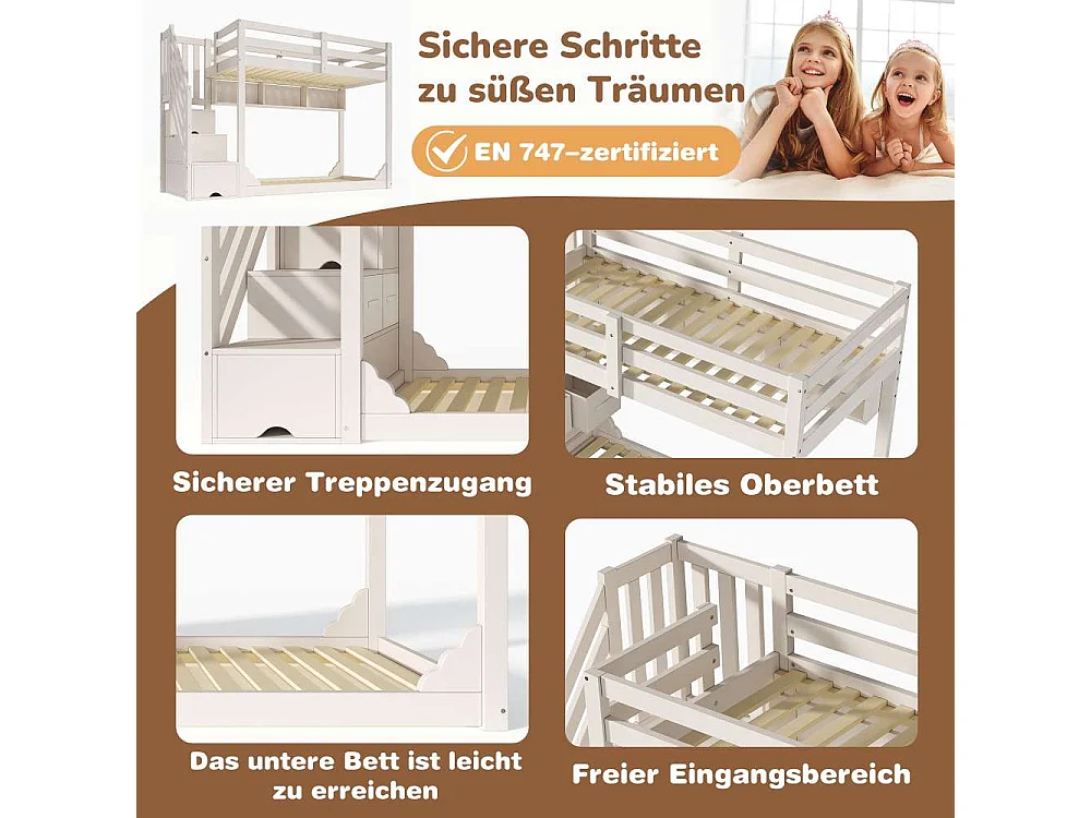 Lit superposé enfants 90x200 cm avec armoire escalier et rangements, lit bois gain de place pour frères et sœurs, sécurité optimale