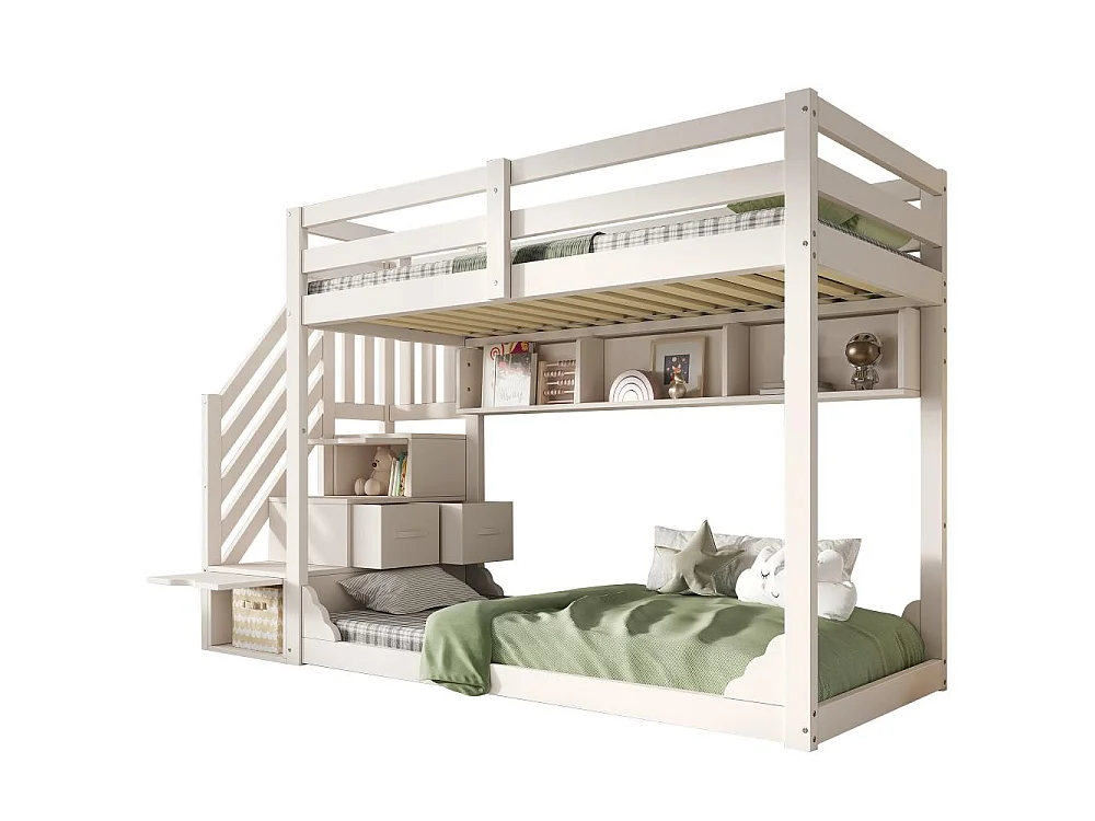 Lit superposé enfants 90x200 cm avec armoire escalier et rangements, lit bois gain de place pour frères et sœurs, sécurité optimale